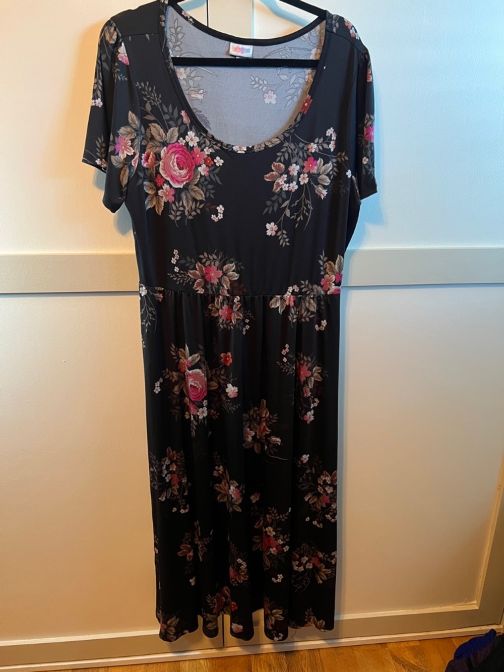 LuLaRoe Black Floral Midi Dress with Pink Rose Print